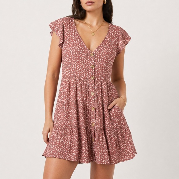 mine Dresses & Skirts - Mine Button-Down Mini Dress Women's Large Dusty Rose Polka Dot Print V-Neck